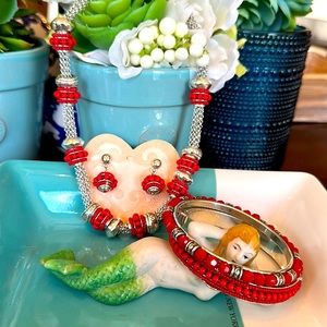 Brighton GLOBAL DREAMS Red bead Necklace 2 Bangle Bracelets Earrings set RARE